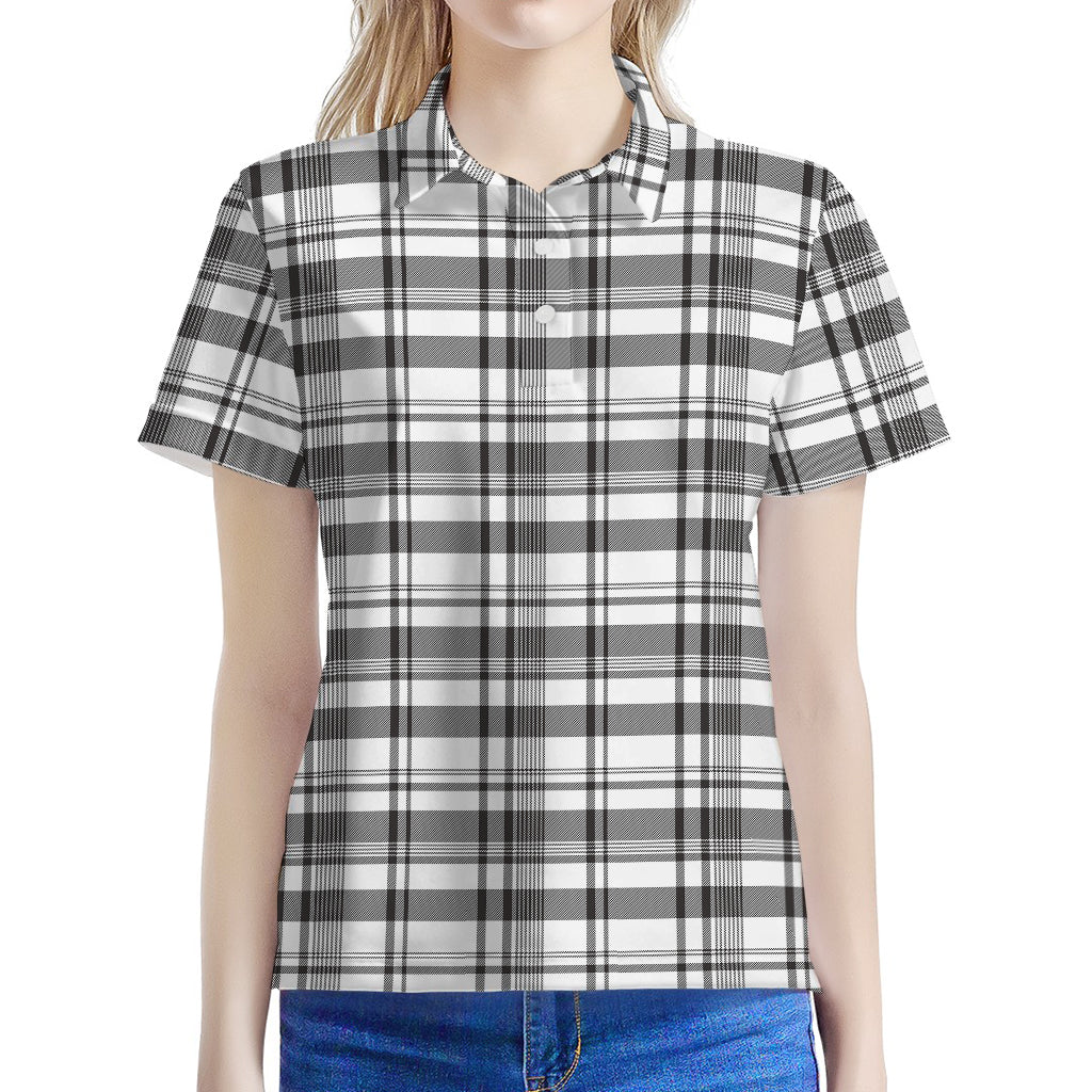Black And White Madras Pattern Print Women's Polo Shirt