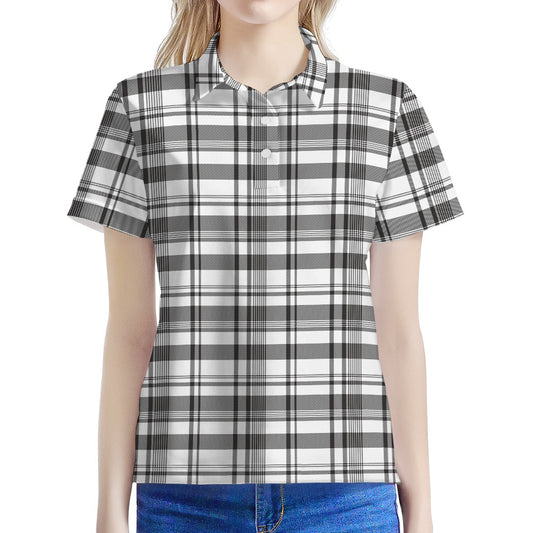 Black And White Madras Pattern Print Women's Polo Shirt