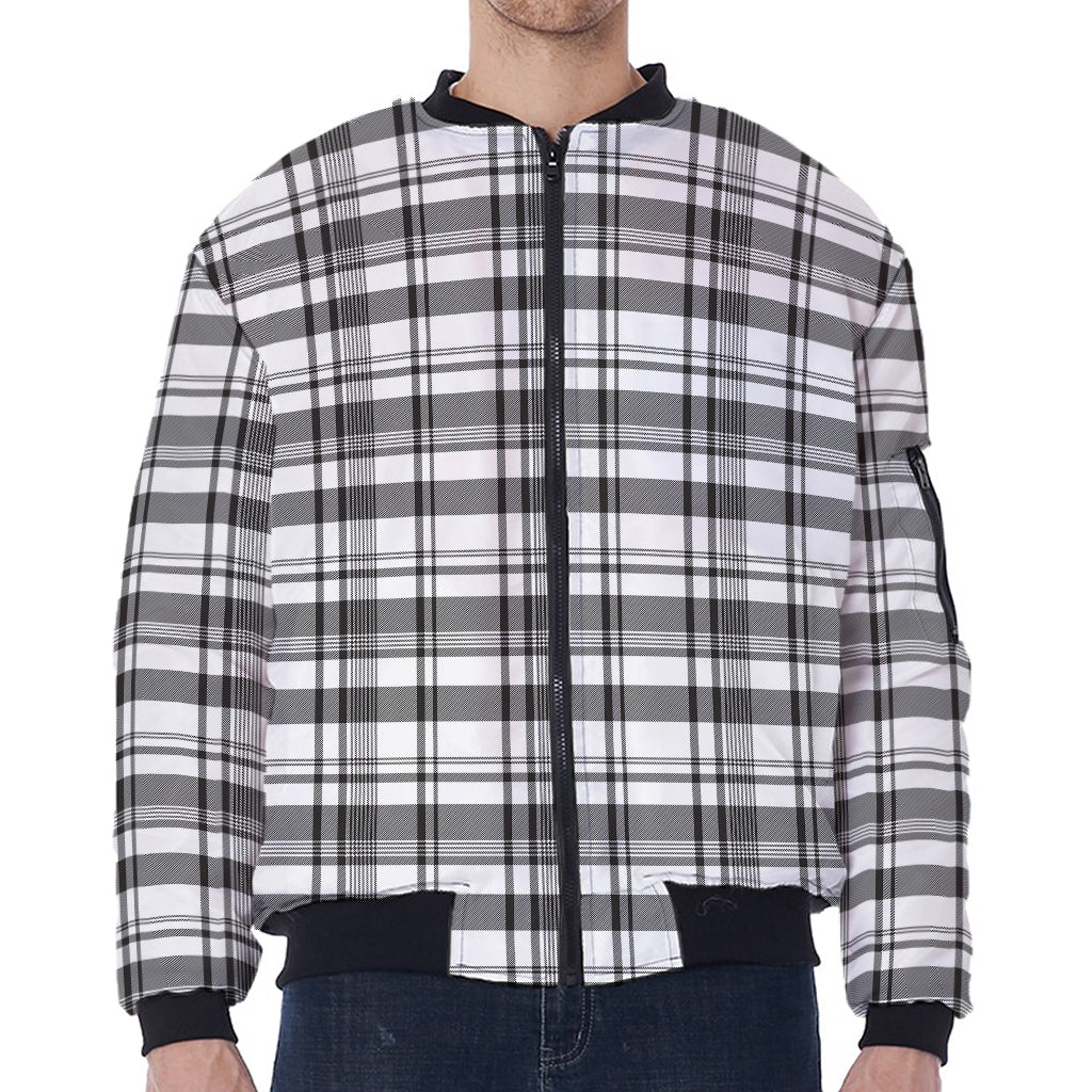 Black And White Madras Pattern Print Zip Sleeve Bomber Jacket