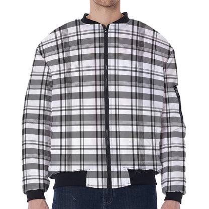 Black And White Madras Pattern Print Zip Sleeve Bomber Jacket