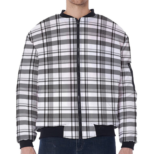 Black And White Madras Pattern Print Zip Sleeve Bomber Jacket