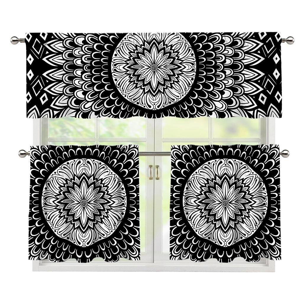 Black And White Mandala Print 3 Piece Kitchen Curtains