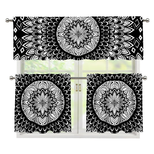 Black And White Mandala Print 3 Piece Kitchen Curtains