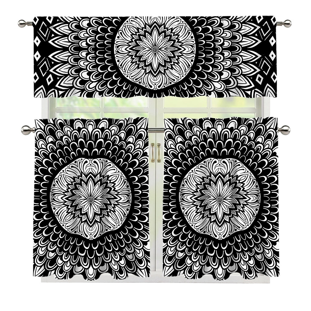 Black And White Mandala Print 3 Piece Kitchen Curtains