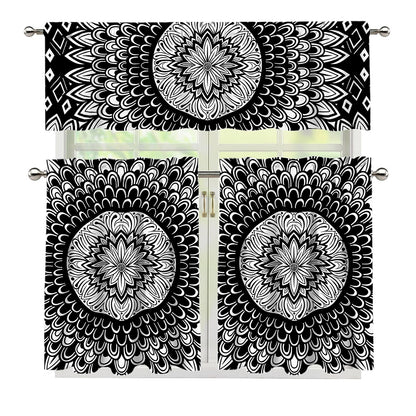 Black And White Mandala Print 3 Piece Kitchen Curtains
