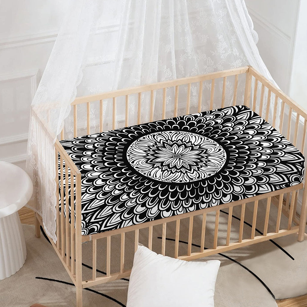 Black And White Mandala Print Baby Crib Sheet