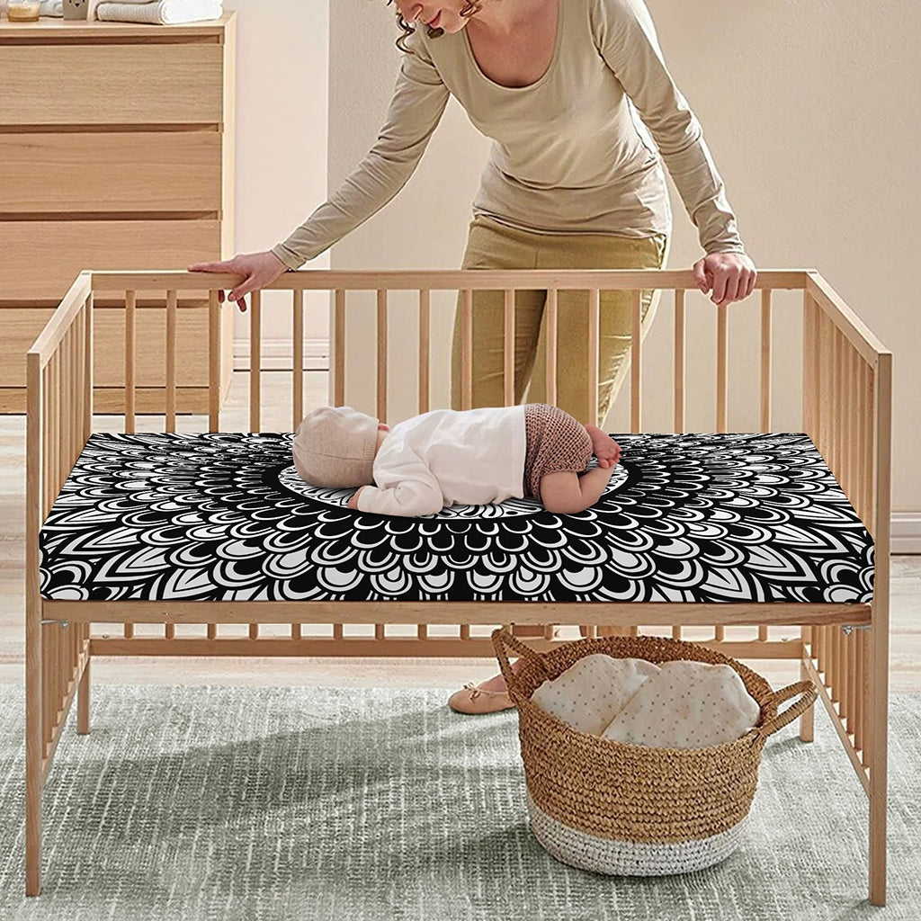 Black And White Mandala Print Baby Crib Sheet