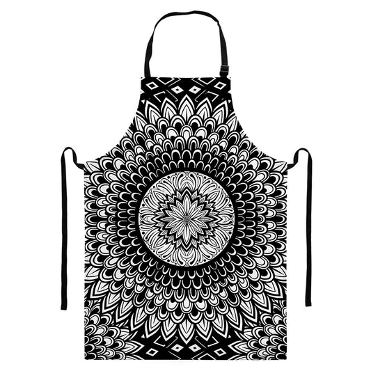 Black And White Mandala Print Bib Apron With Pocket