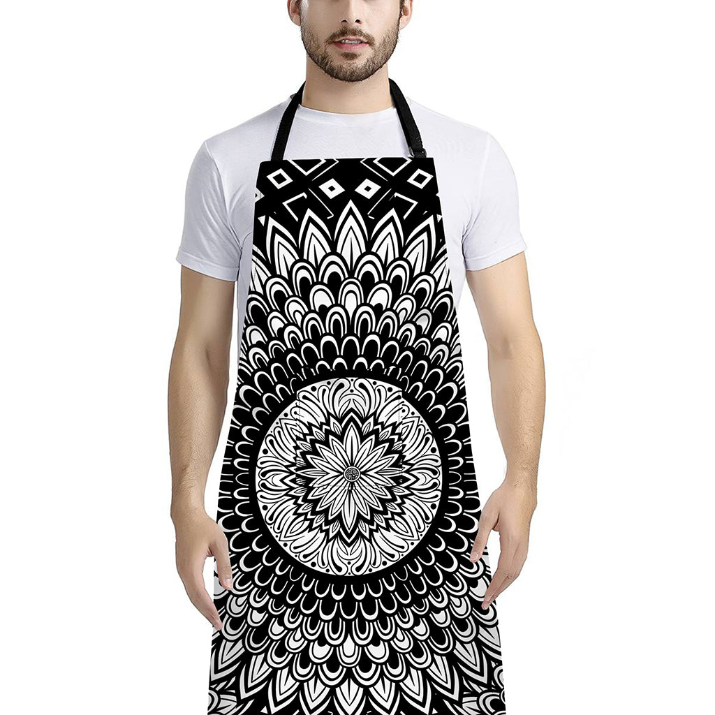 Black And White Mandala Print Bib Apron With Pocket