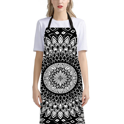 Black And White Mandala Print Bib Apron With Pocket