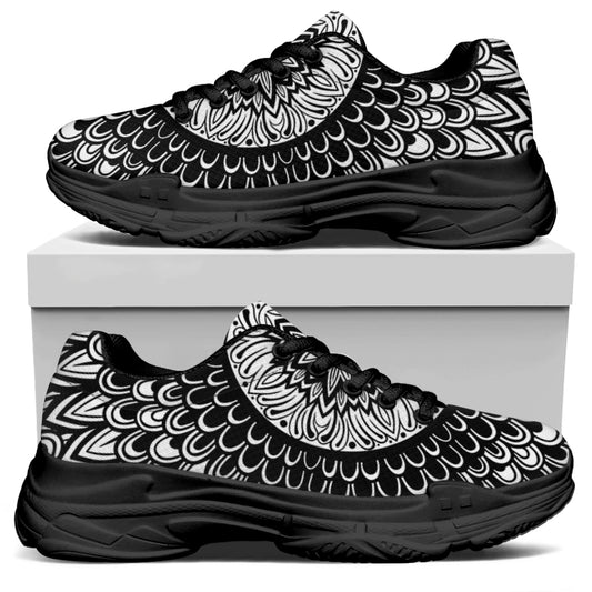 Black And White Mandala Print Black Chunky Shoes