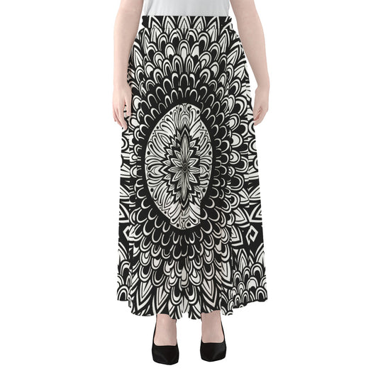 Black And White Mandala Print Chiffon Maxi Skirt