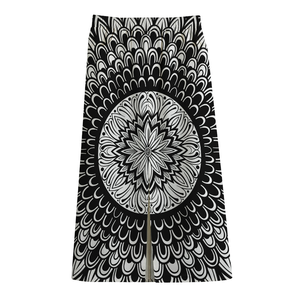 Black And White Mandala Print Cotton Front Slit Maxi Skirt