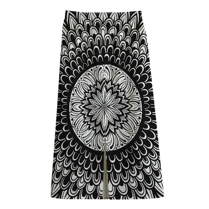 Black And White Mandala Print Cotton Front Slit Maxi Skirt