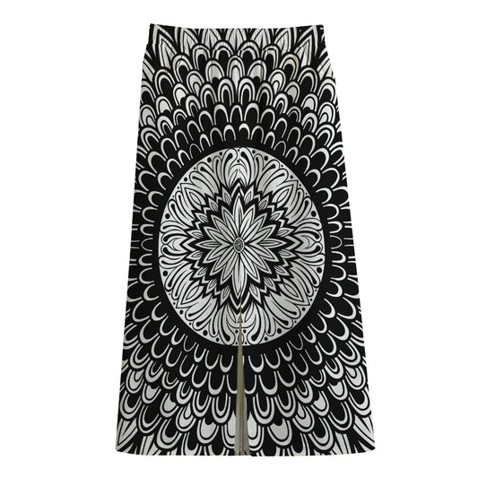 Black And White Mandala Print Cotton Front Slit Maxi Skirt