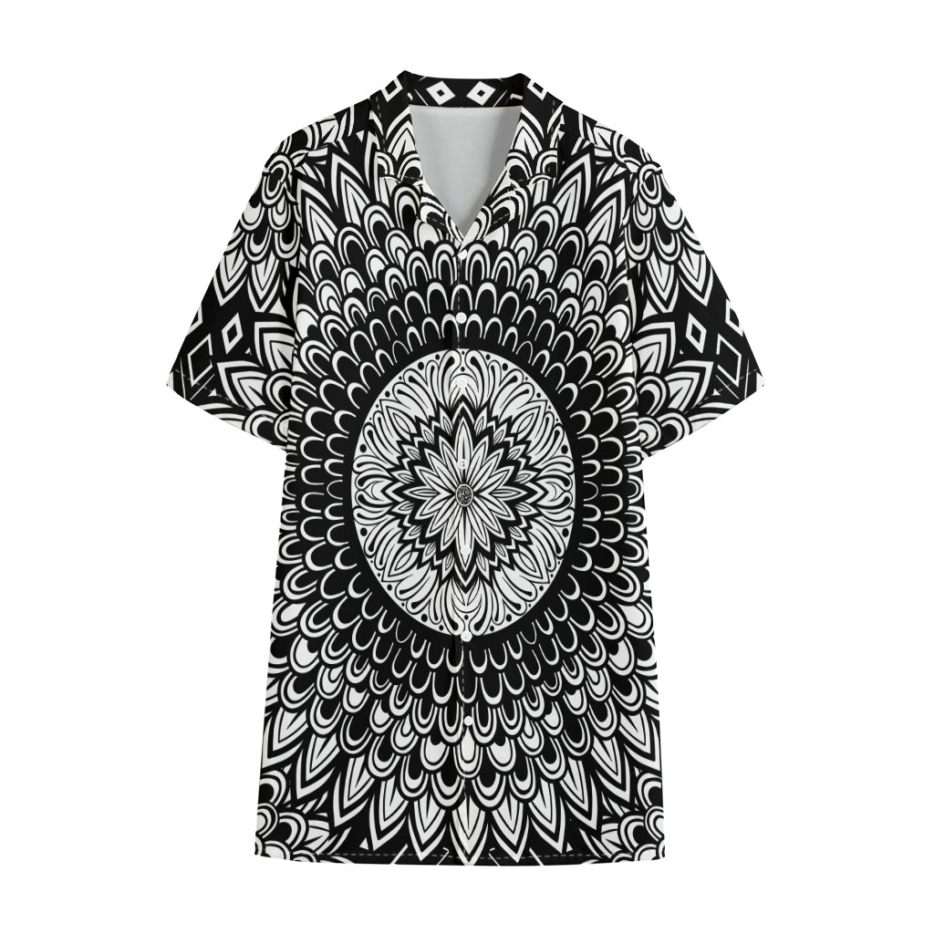 Black And White Mandala Print Cotton Hawaiian Shirt