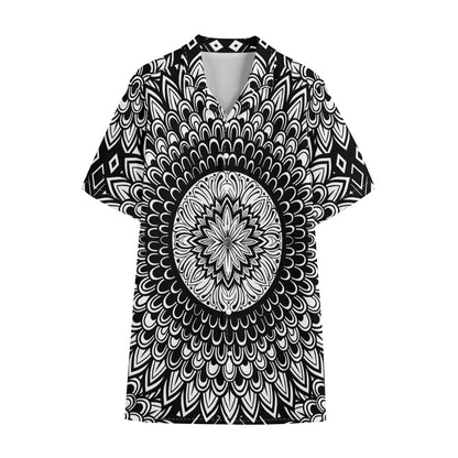 Black And White Mandala Print Cotton Hawaiian Shirt