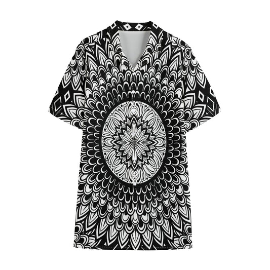 Black And White Mandala Print Cotton Hawaiian Shirt