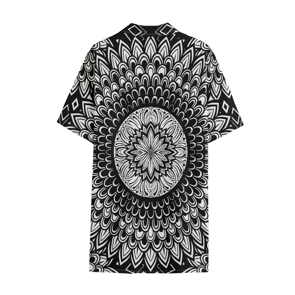 Black And White Mandala Print Cotton Hawaiian Shirt