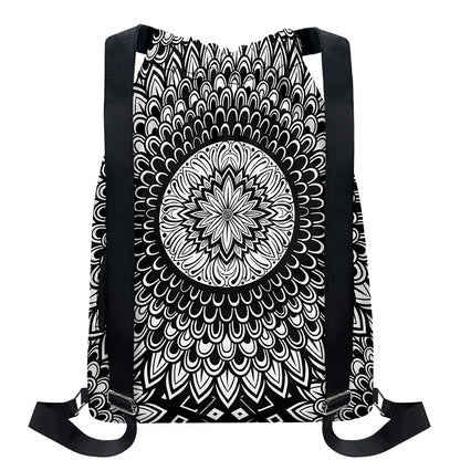 Black And White Mandala Print Drawstring Backpack