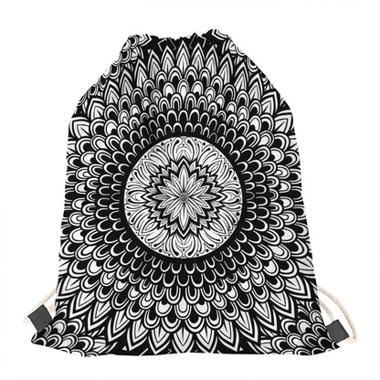Black And White Mandala Print Drawstring Bag