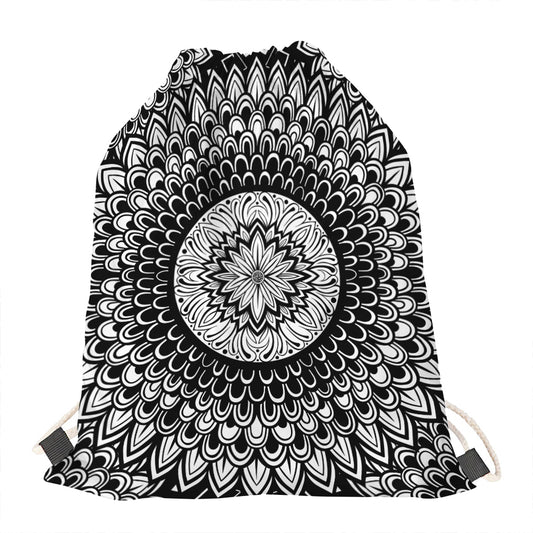 Black And White Mandala Print Drawstring Bag