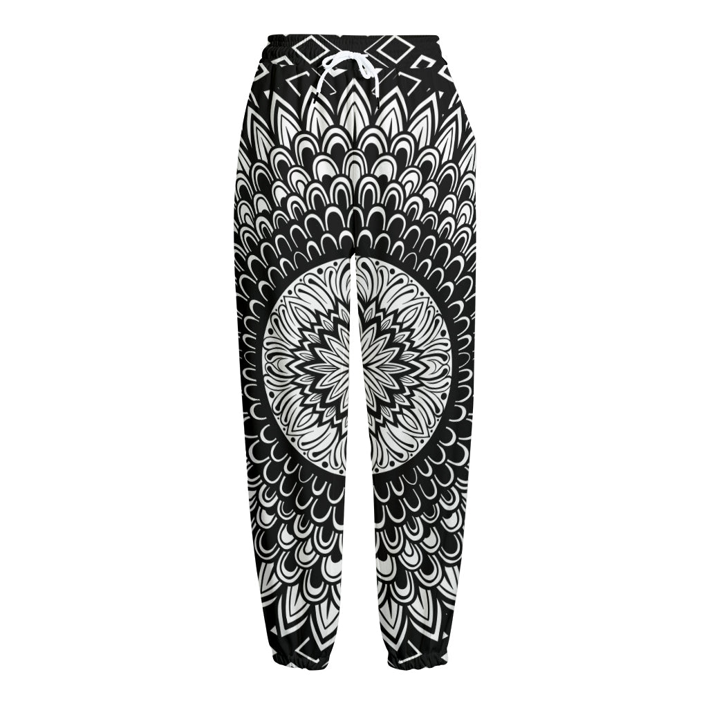 Black And White Mandala Print Fleece Lined Knit Pants