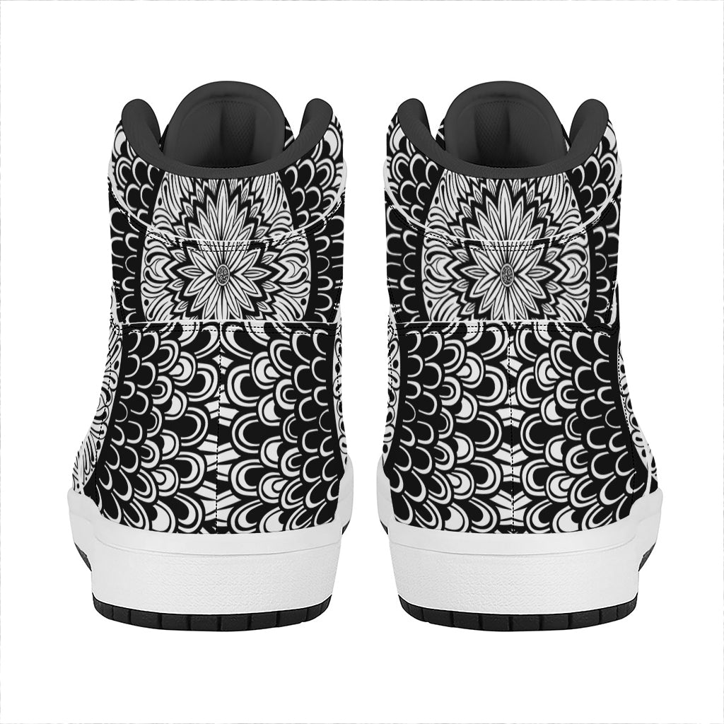Black And White Mandala Print High Top Leather Sneakers