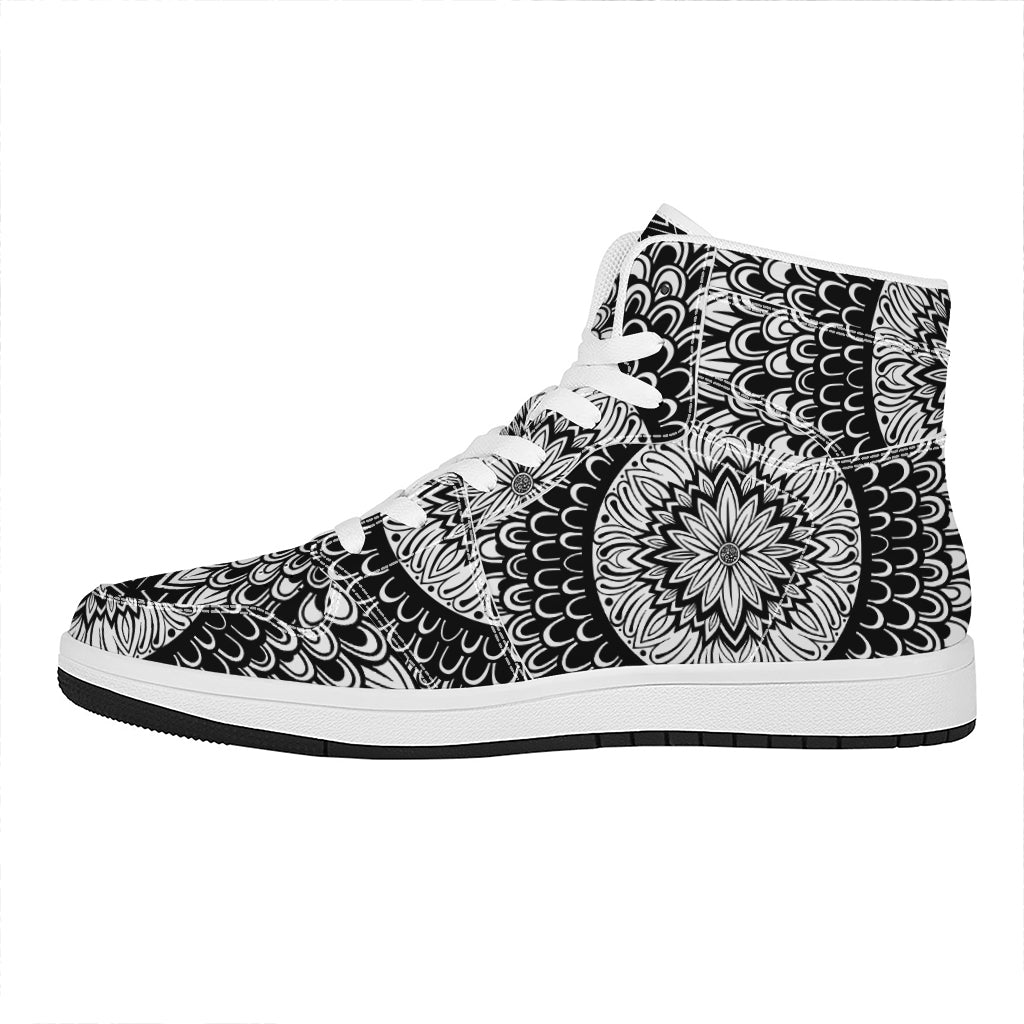 Black And White Mandala Print High Top Leather Sneakers
