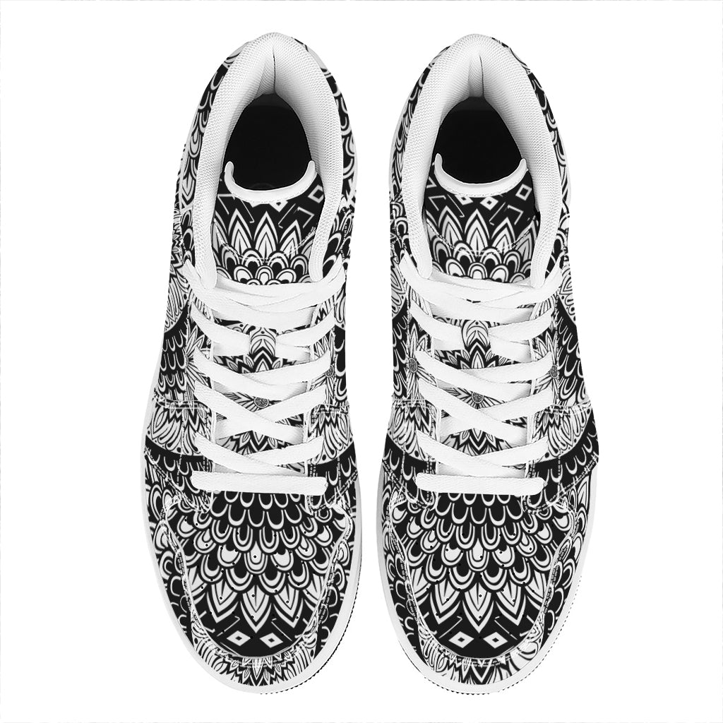 Black And White Mandala Print High Top Leather Sneakers