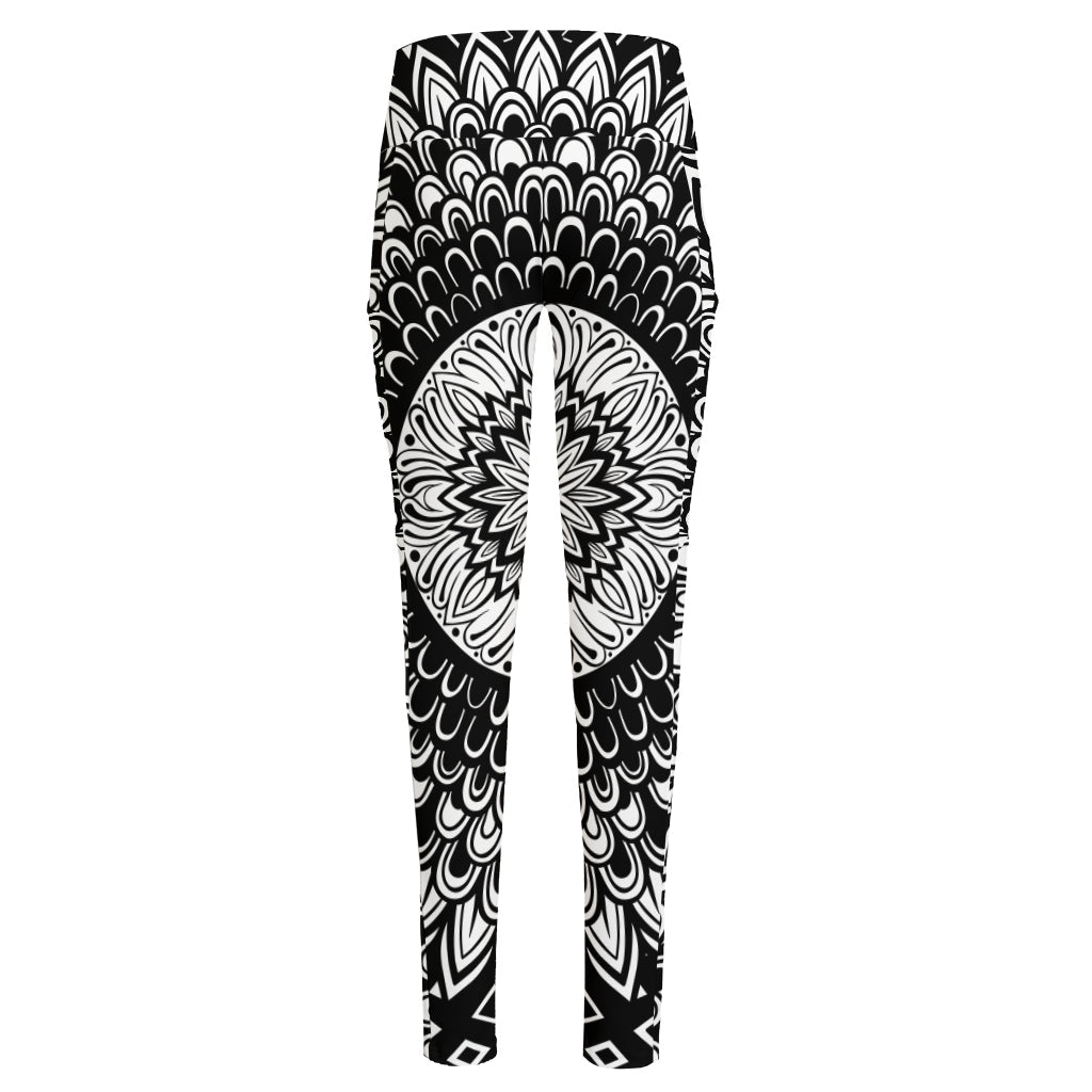 Black And White Mandala Print High-Waisted Pocket Leggings
