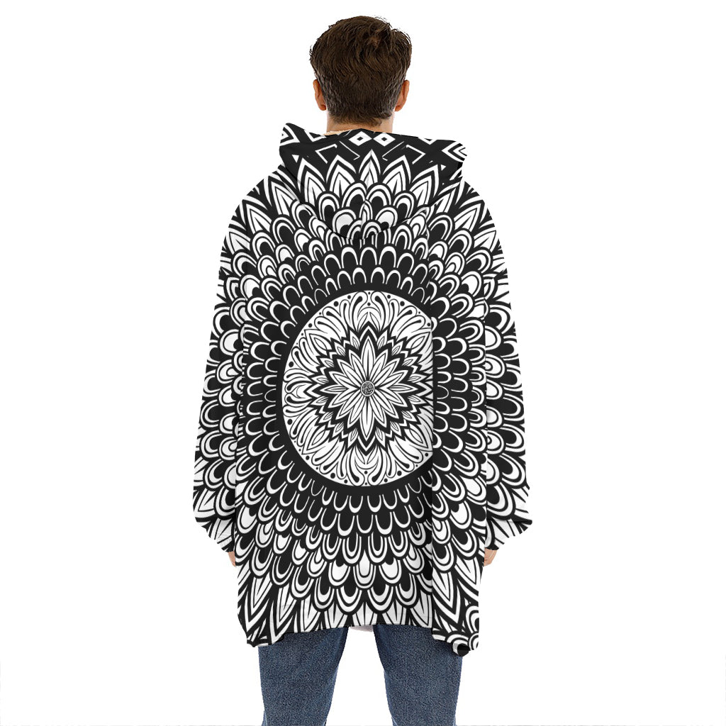 Black And White Mandala Print Hoodie Blanket
