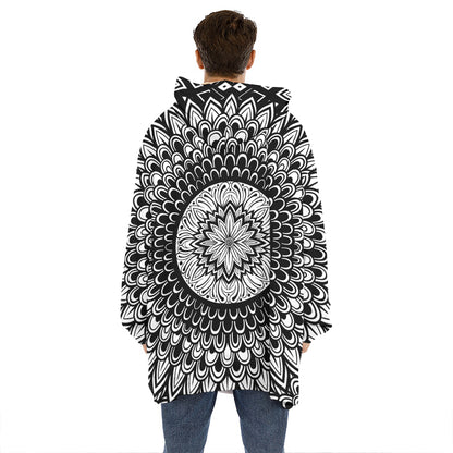 Black And White Mandala Print Hoodie Blanket