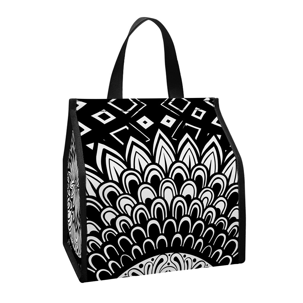 Black And White Mandala Print Insulated Lunch Tote