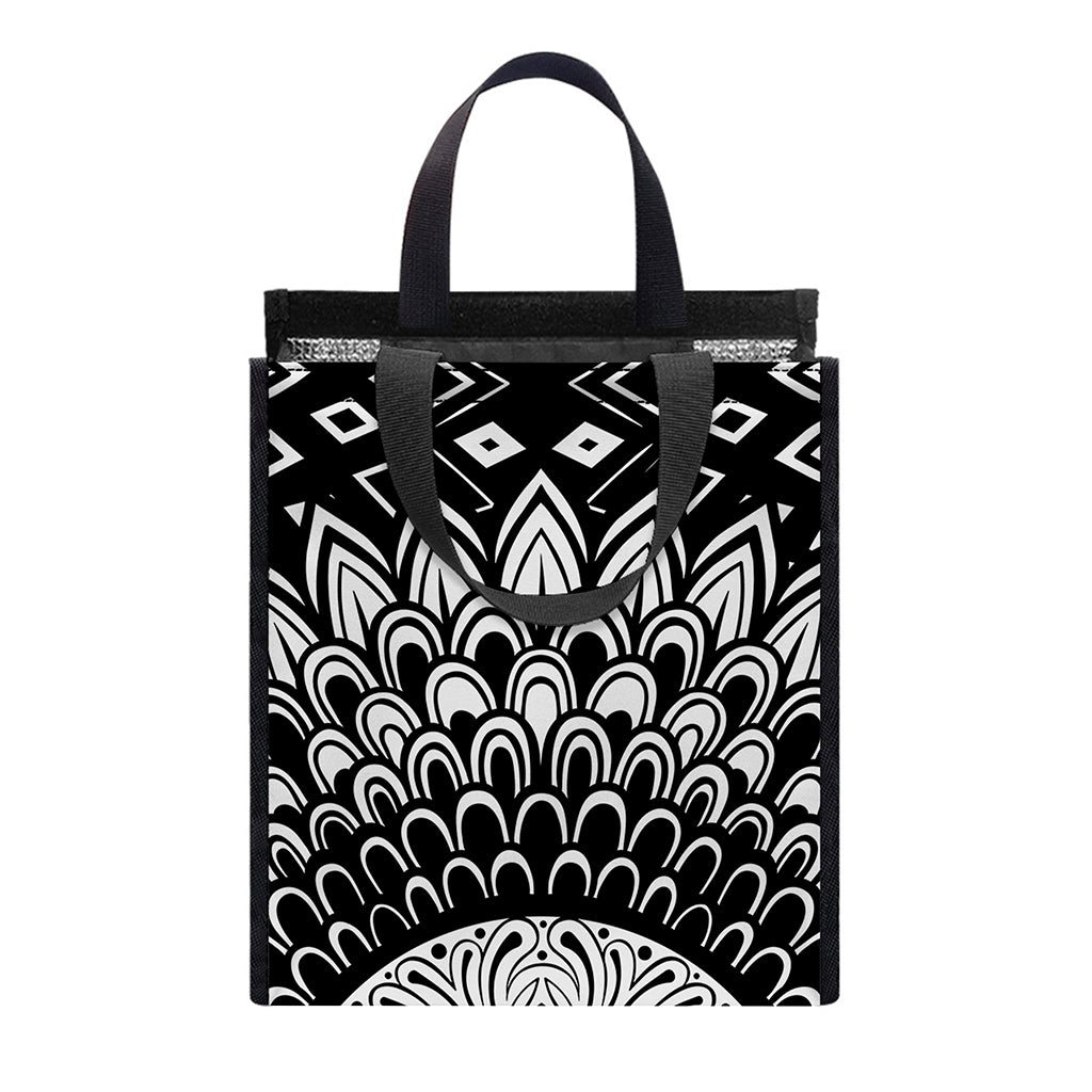 Black And White Mandala Print Insulated Lunch Tote