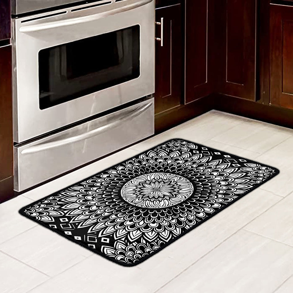 Black And White Mandala Print Kitchen Mat