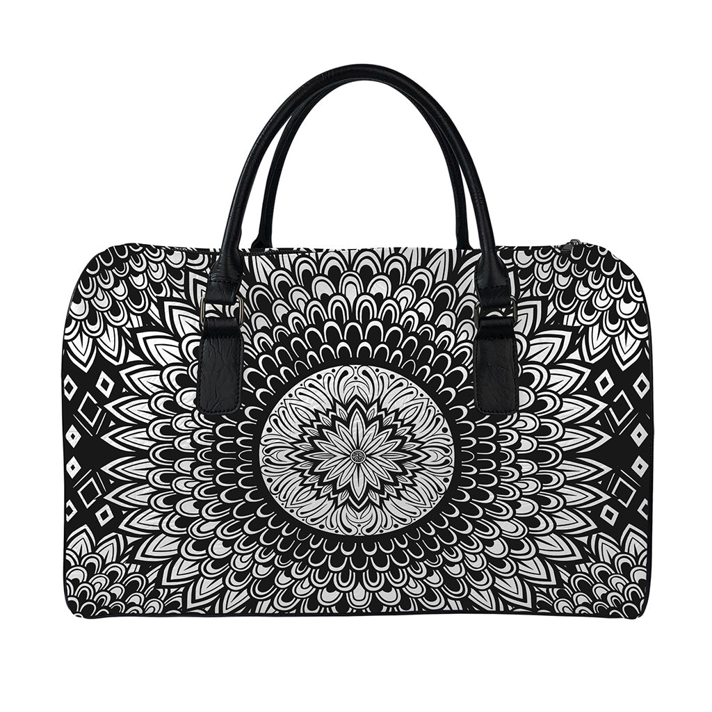 Black And White Mandala Print Leather Duffle Bag