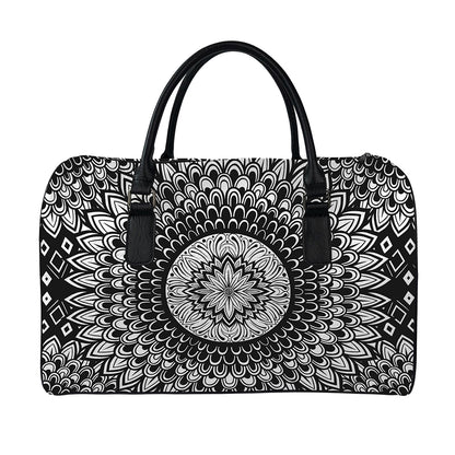 Black And White Mandala Print Leather Duffle Bag