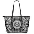 Black And White Mandala Print Leather Tote Bag With Zipper