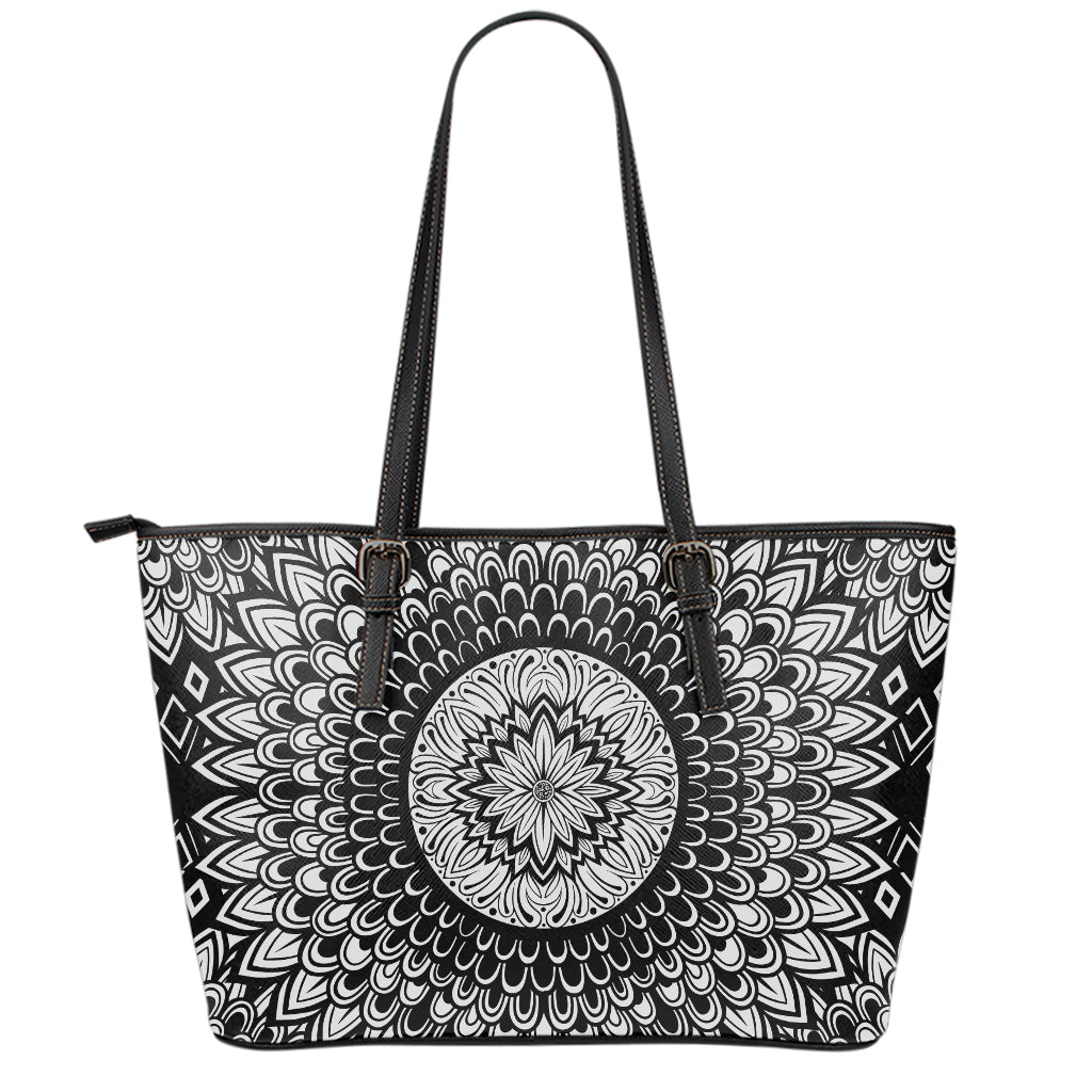 Black And White Mandala Print Leather Tote Bag