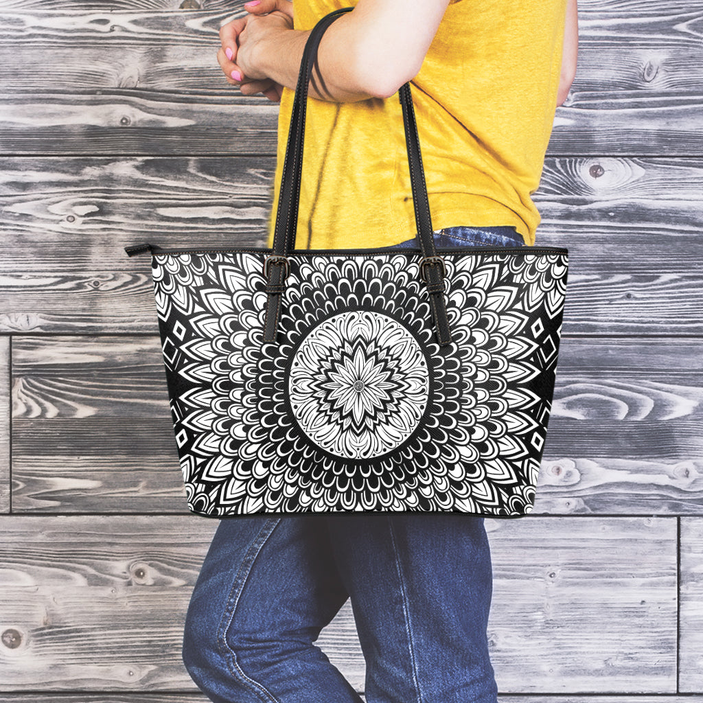 Black And White Mandala Print Leather Tote Bag