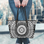 Black And White Mandala Print Leather Tote Bag