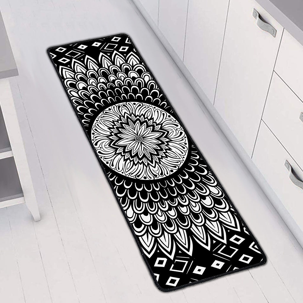 Black And White Mandala Print Long Kitchen Mat