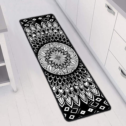 Black And White Mandala Print Long Kitchen Mat
