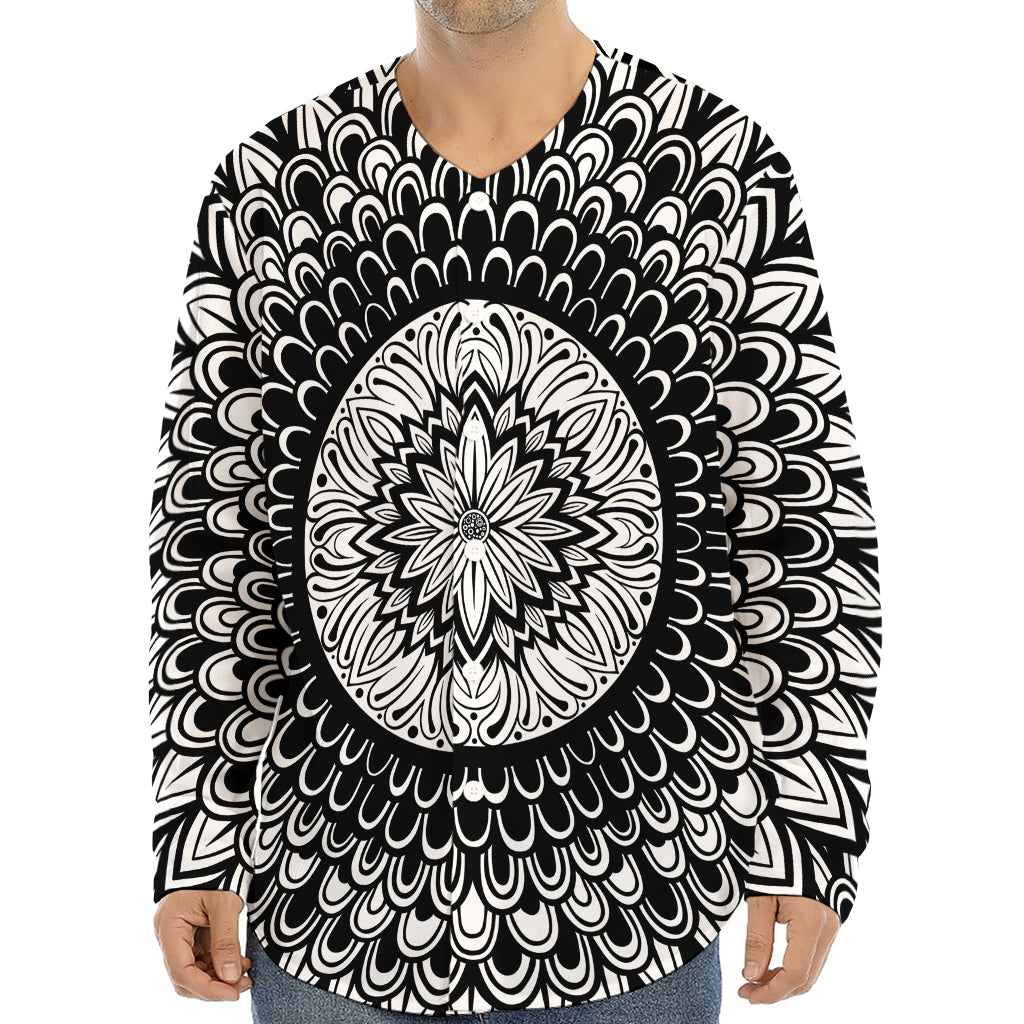 Black And White Mandala Print Long Sleeve Baseball Jersey