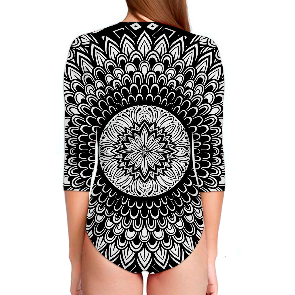 Black And White Mandala Print Long Sleeve Swimsuit