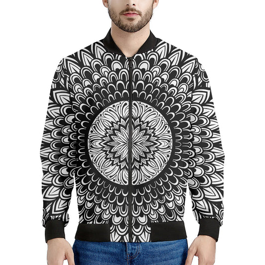 Black And White Mandala Print Men's Bomber Jacket