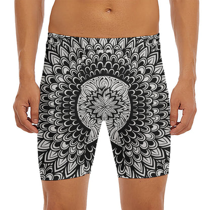 Black And White Mandala Print Men's Long Boxer Briefs