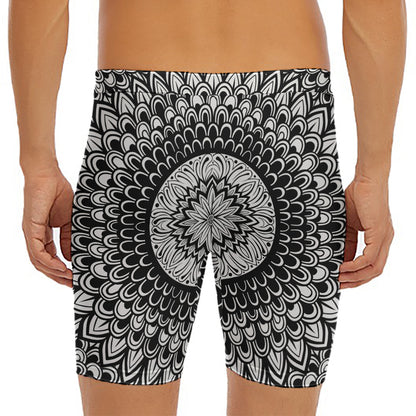 Black And White Mandala Print Men's Long Boxer Briefs