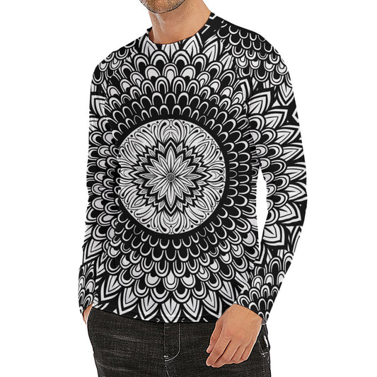 Black And White Mandala Print Men's Long Sleeve Rash Guard